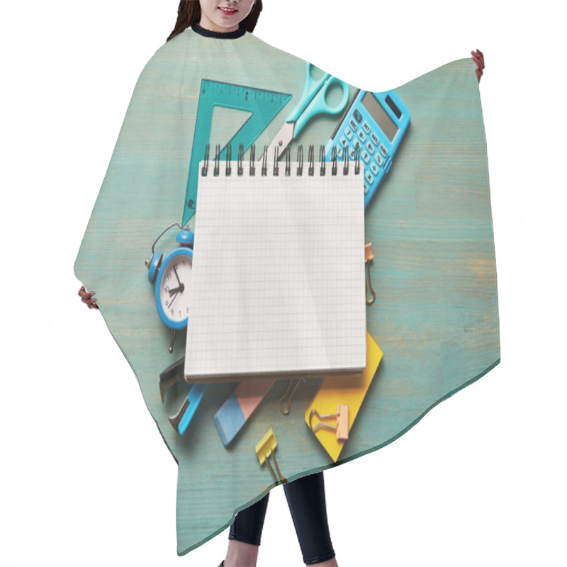 Personality  Top View Of Blank Notebook Near Blue School Supplies At Wooden Turquoise Table Hair Cutting Cape