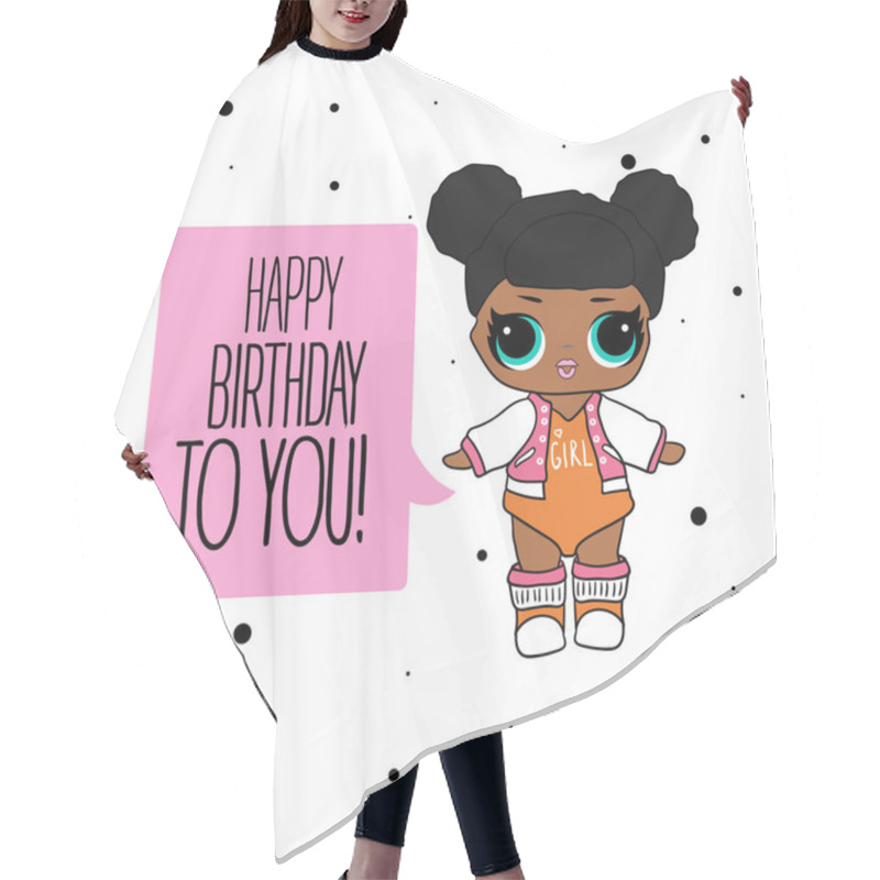 Personality  Cute Vector Lol Doll With Black And Pink Hair And Big Black Eyes. Design For Baby Girl T-shirt, Decoration Birthday Invitation, Coloring Book. Modern Kids Fashion Hair Cutting Cape