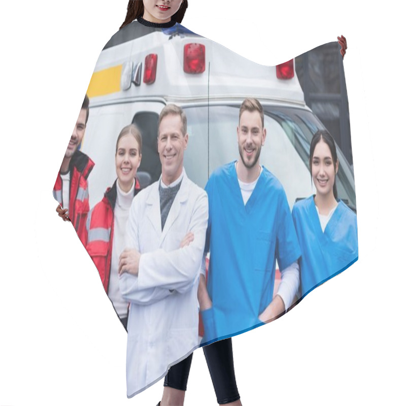 Personality  Happy Ambulance Doctors Working Team Standing In Front Of Car Hair Cutting Cape