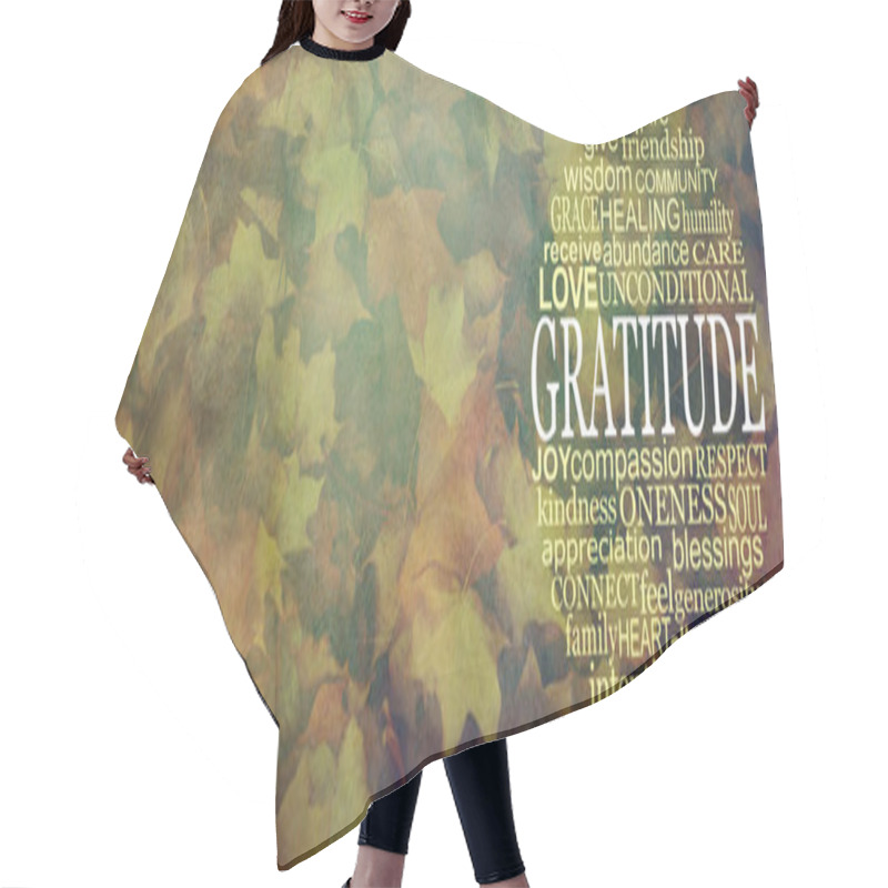 Personality  Words Of Gratitude Thanksgiving Circular Message Banner - An Autumnal Multicoloured Wide Rustic Grunge Leaf Background With GRATITUDE Word Cloud On Right And Copy Space On Left  Hair Cutting Cape