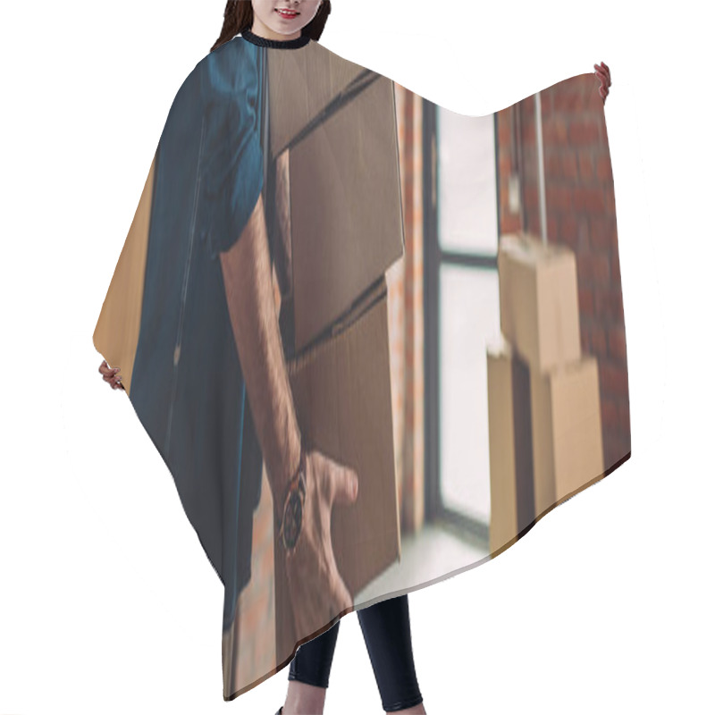 Personality  Panoramic Crop Of Businessman Holding Boxes And Moving In New Office Hair Cutting Cape