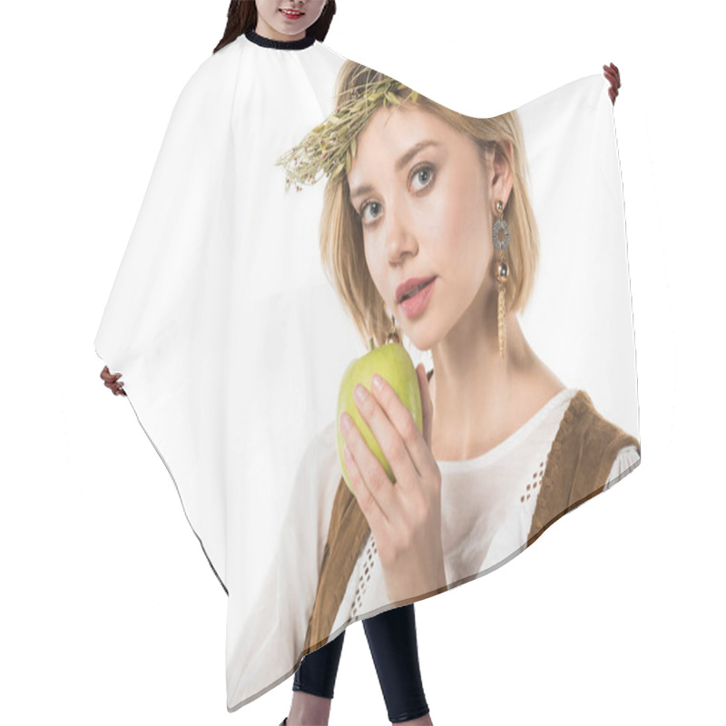 Personality  Charming Hippie Girl Holding Green Apple Isolated On White Hair Cutting Cape