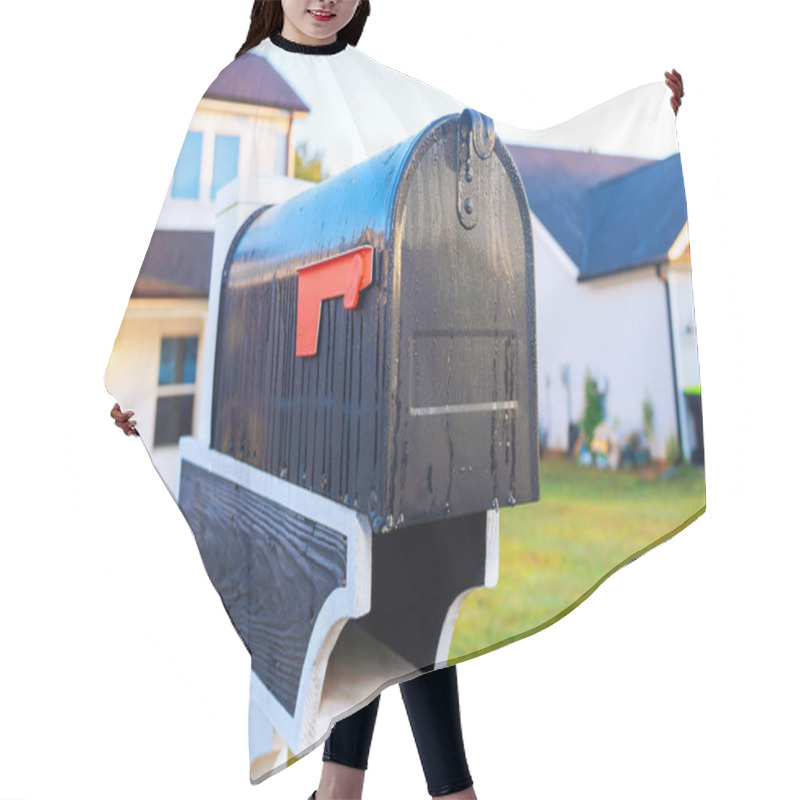 Personality  Black Mailbox With Red Flag Sits In Front Of Well Kept Lawn At Suburban Residence In Morning Light. Hair Cutting Cape