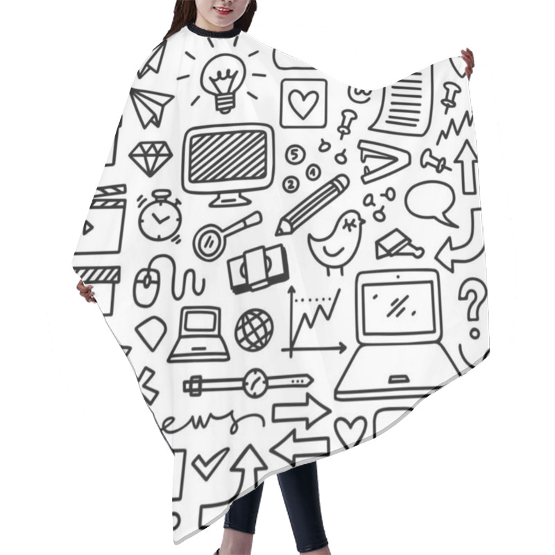 Personality  Hand Drawn Virtual Business Technology Workspace Doodle Elements Monochrome Linear Symbols Isolated On White Background Hair Cutting Cape