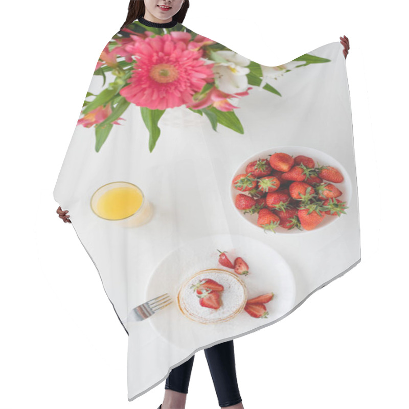 Personality  Top View Of Tasty Pancakes With Strawberries And Flowers In Vase Hair Cutting Cape