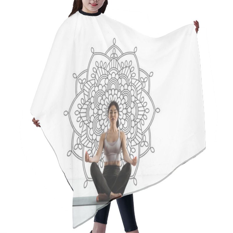 Personality  Calm Thai Woman Practicing Yoga On Yoga Mat Near Mandala Ornament On White  Hair Cutting Cape