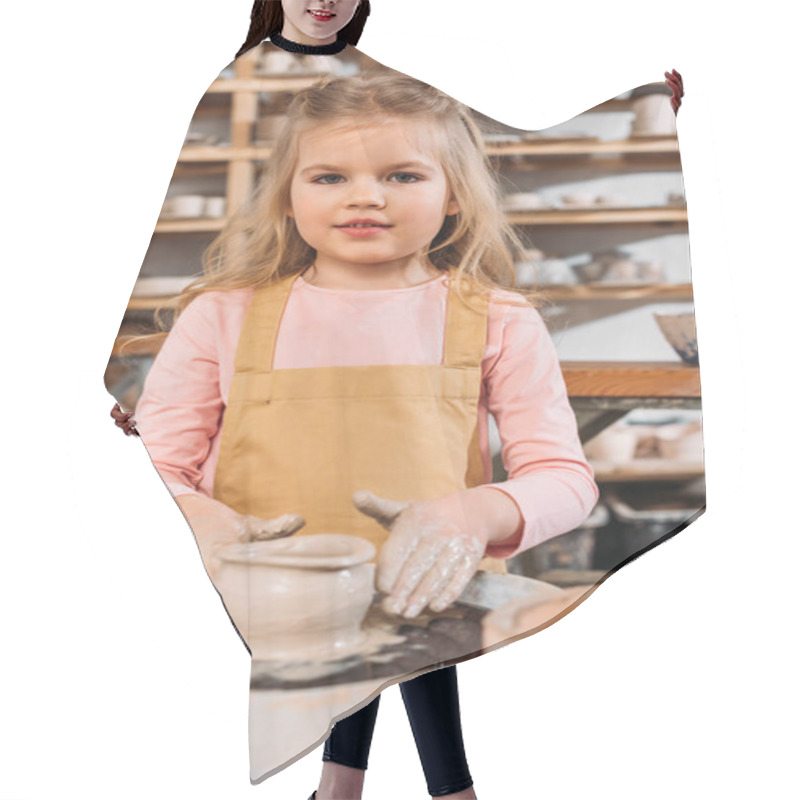 Personality  Little Child Making Ceramic Pot With Clay On Pottery Wheel In Workshop Hair Cutting Cape