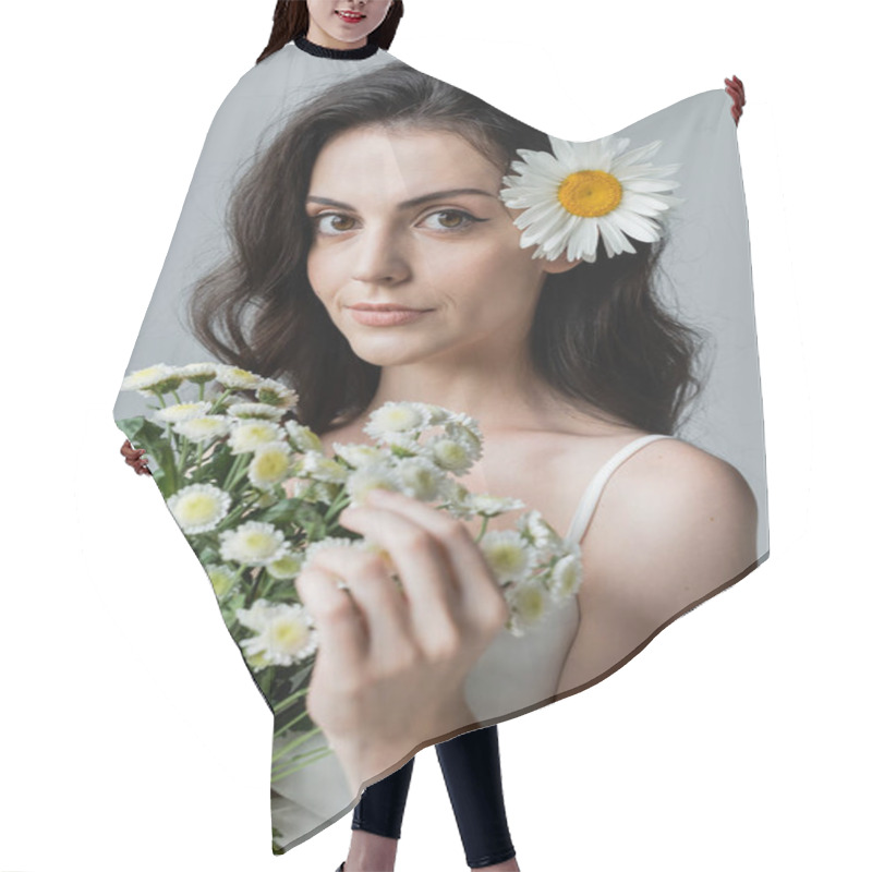 Personality  Portrait Of Young Woman Holding Chamomiles Isolated On Grey  Hair Cutting Cape