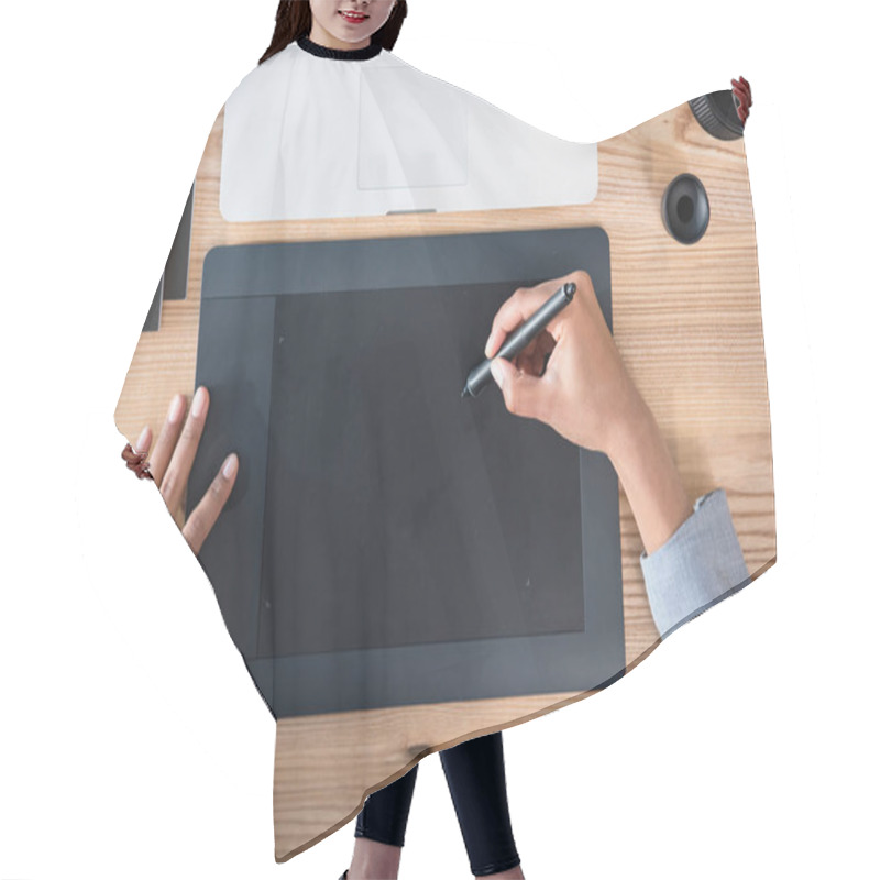 Personality  Designer Drawing On Graphics Tablet At Workplace Hair Cutting Cape