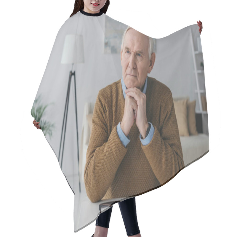 Personality  Senior Thoughtful Man Sitting By The Desk In Light Room Hair Cutting Cape