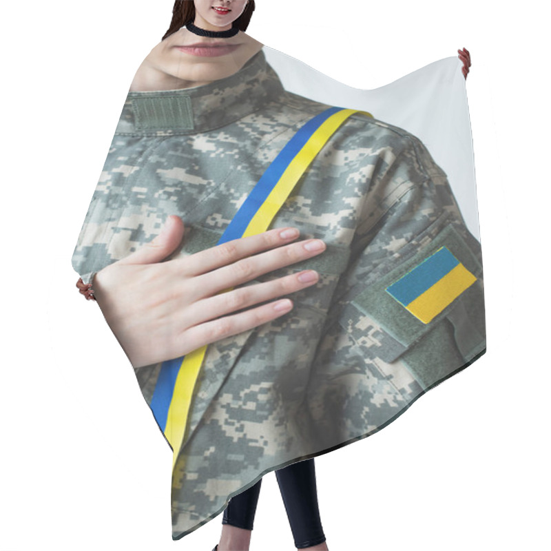 Personality  Cropped View Of Soldier With Ukrainian Flag On Chevron Touching Blue And Yellow Ribbon Isolated On Grey  Hair Cutting Cape