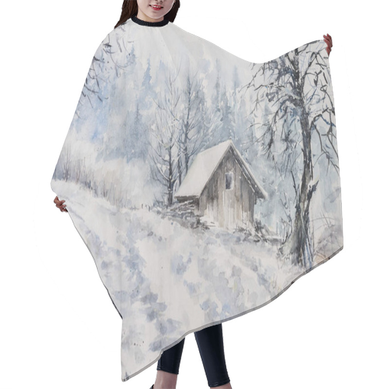 Personality  Watercolors Oryginal Painting Of Winter Mountain Landscape And Farm Covered With Snow. Hair Cutting Cape