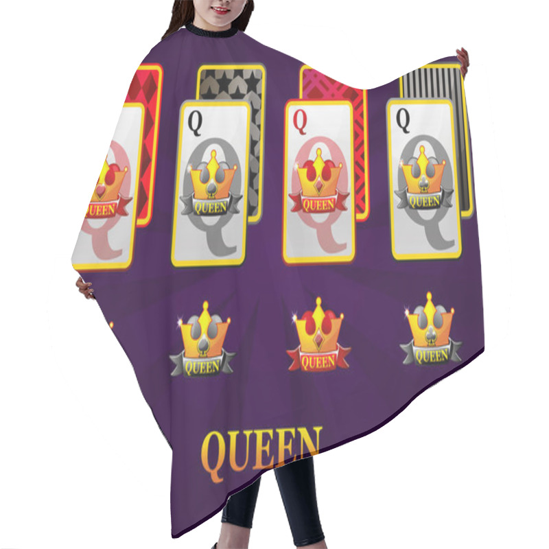 Personality  Set Of Four Queens Playing Cards Suits For Poker And Casino. Set Of Hearts, Spades, Clubs And Diamonds Queen. Hair Cutting Cape