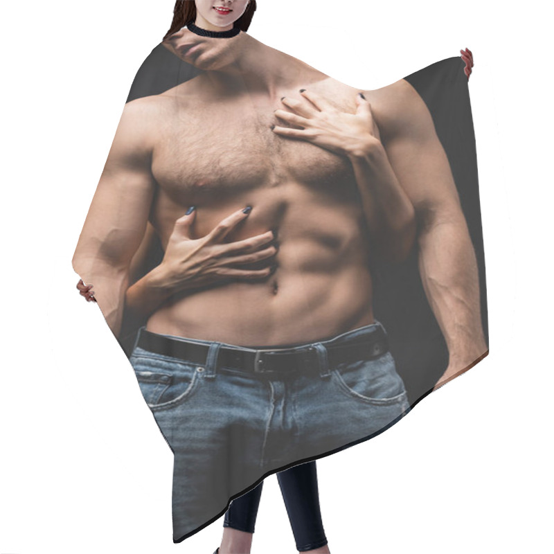 Personality  Cropped View Of Woman Scratching Chest Of Muscular Man On Black  Hair Cutting Cape