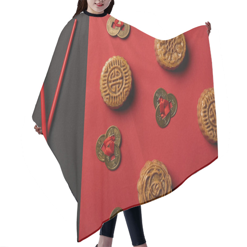 Personality  Top View Of Mooncakes, Feng Shui Coins And Chopsticks On Red And Black Background Hair Cutting Cape