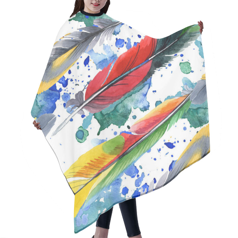 Personality  Colorful Bird Feather From Wing Isolated. Watercolour Drawing Fashion Aquarelle. Fabric Wallpaper Print Texture. Hair Cutting Cape