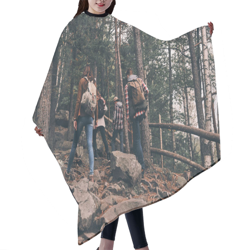 Personality  Rear View Of Friends With Backpacks Moving Up While Hiking In Wood Mountains Hair Cutting Cape