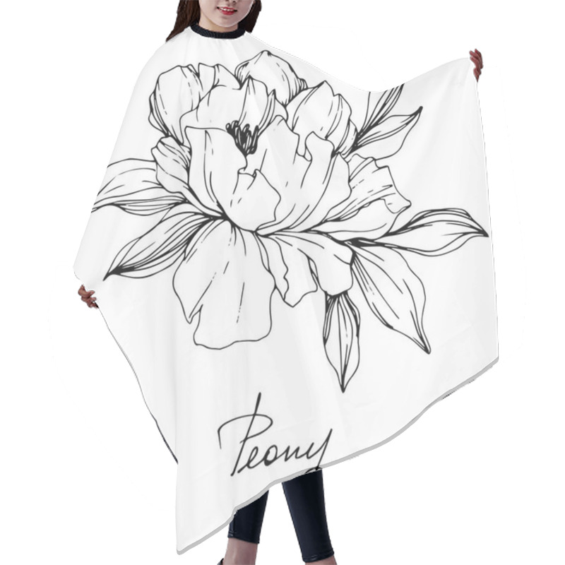 Personality  Vector Isolated Monochrome Peony Flower Sketch And Handwritten Lettering On White Background. Engraved Ink Art.  Hair Cutting Cape