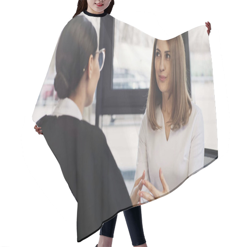 Personality  Positive Woman Gesturing While Talking To Employer On Job Interview In Office Hair Cutting Cape