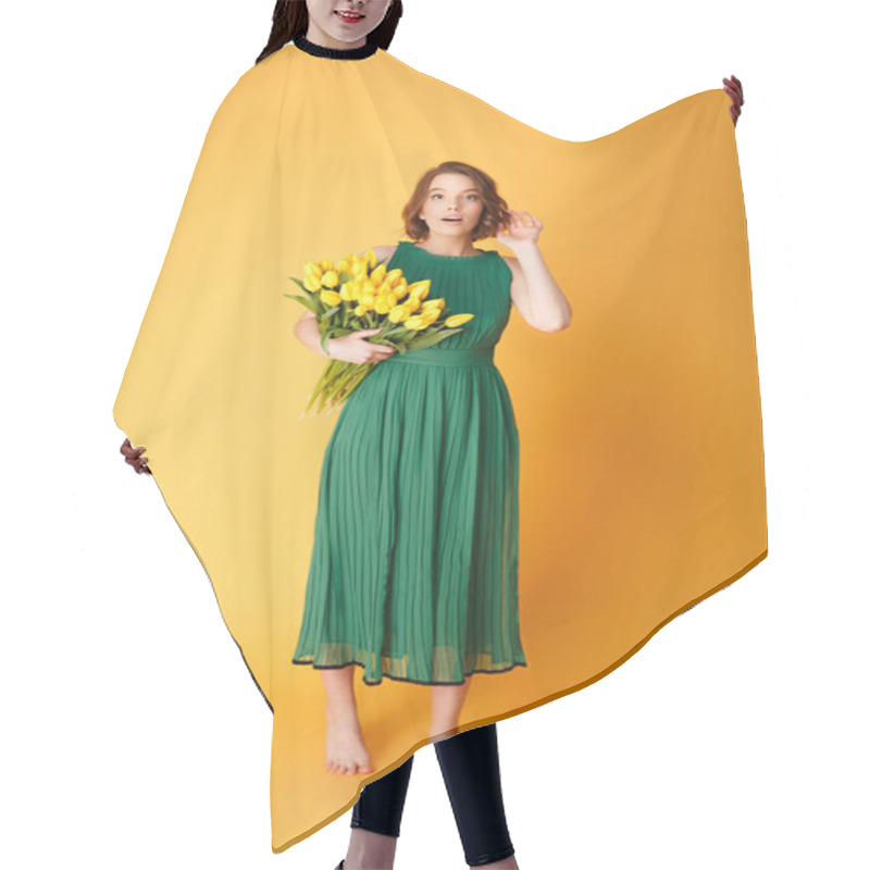 Personality  Pretty Young Woman In Green Dress With Bouquet Of Yellow Tulips Isolated On Orange Hair Cutting Cape