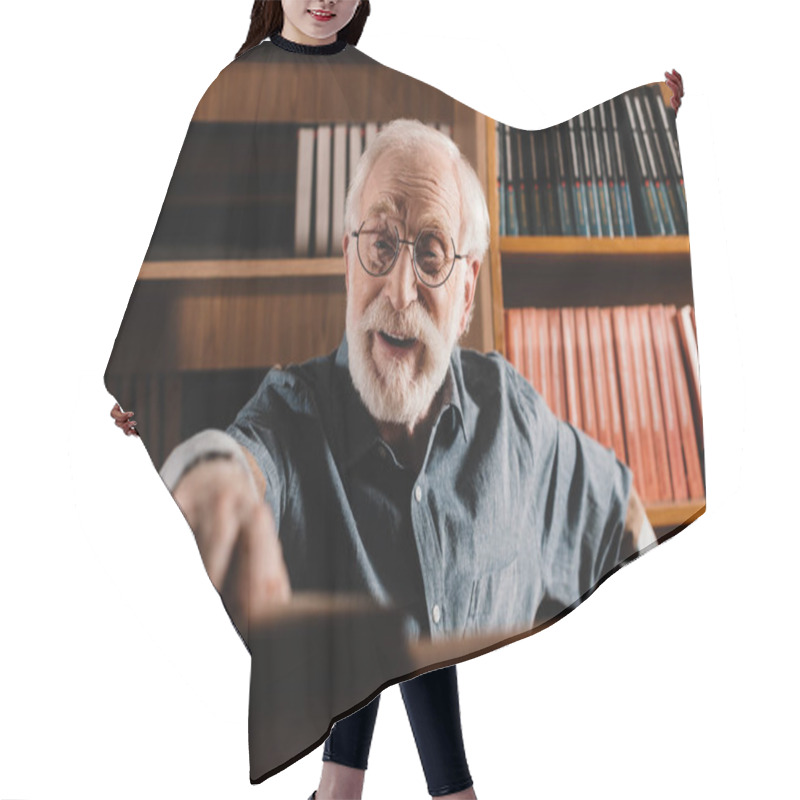 Personality  Smiling Grey Hair Librarian Taking Book From Shelf  Hair Cutting Cape