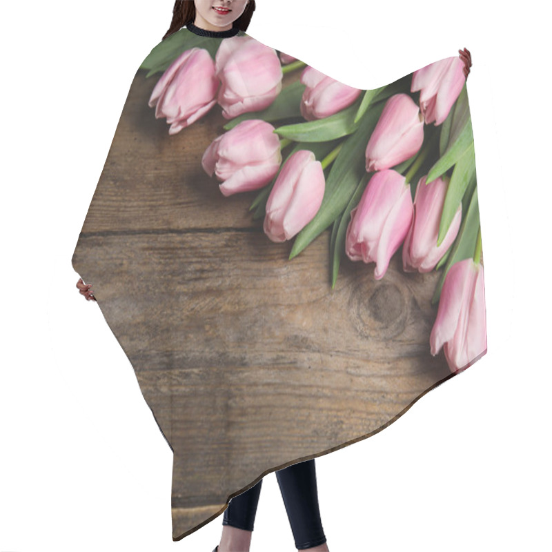 Personality  Beautiful Pink Spring Tulips On Wooden Background. Space For Tex Hair Cutting Cape