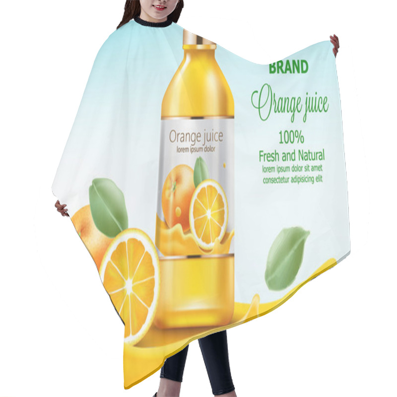 Personality  Bottle With Fresh And Natural Juice Submerged In Flowing Orange Extract. With Place For Text. Realistic Hair Cutting Cape