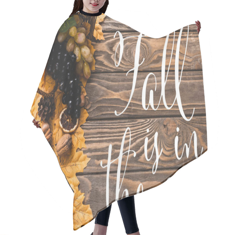 Personality  Top View Of Autumnal Harvest Scattered From Basket On Foliage Near Fall Is In The Air Lettering On Wooden Background Hair Cutting Cape