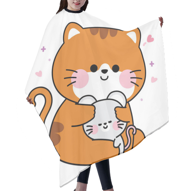 Personality  Cute Cat Meow Doll Hug Tiny Rat Mouse With Heart.Rodent And Pet Animal Character Cartoon Design.Image For Sticker,baby Clothing,stationary.Kawaii.Vector.Illustration. Hair Cutting Cape