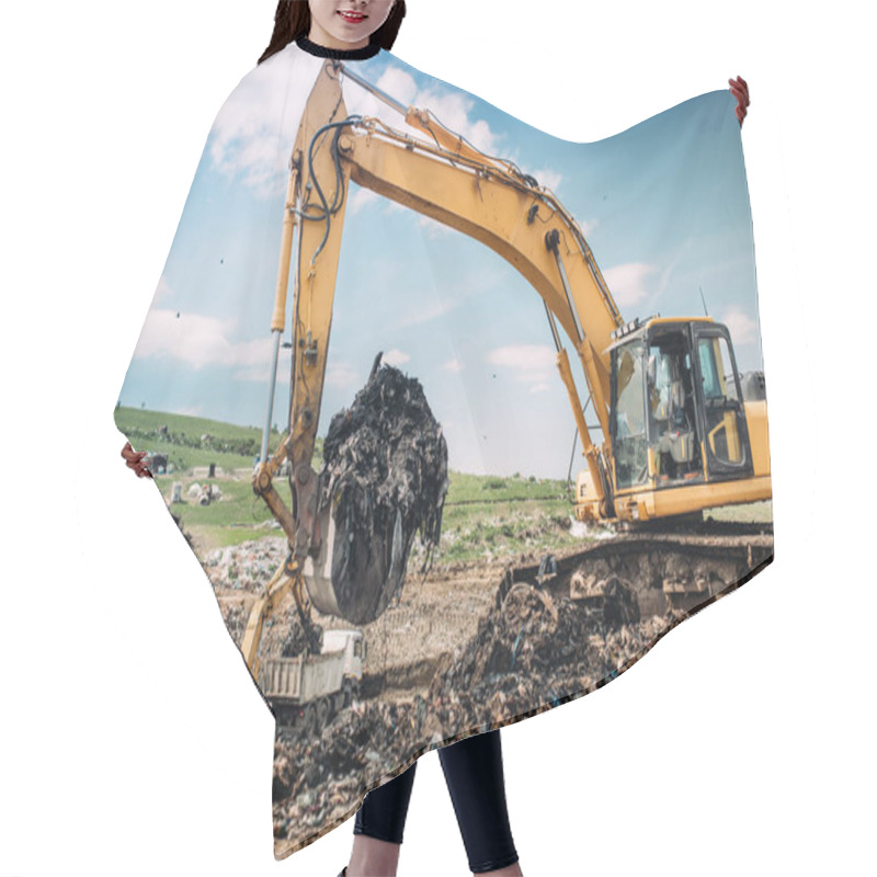 Personality  Industrial Excavators And Heavy Duty Machinery Working On Garbage Dump Site.  Hair Cutting Cape