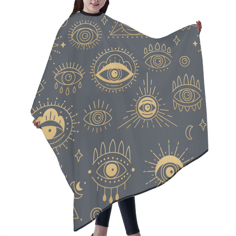 Personality  Gold Evil Doodle Eye Seamless Pattern Design. Hand Drawn Witchcraft Eye Talisman Hair Cutting Cape