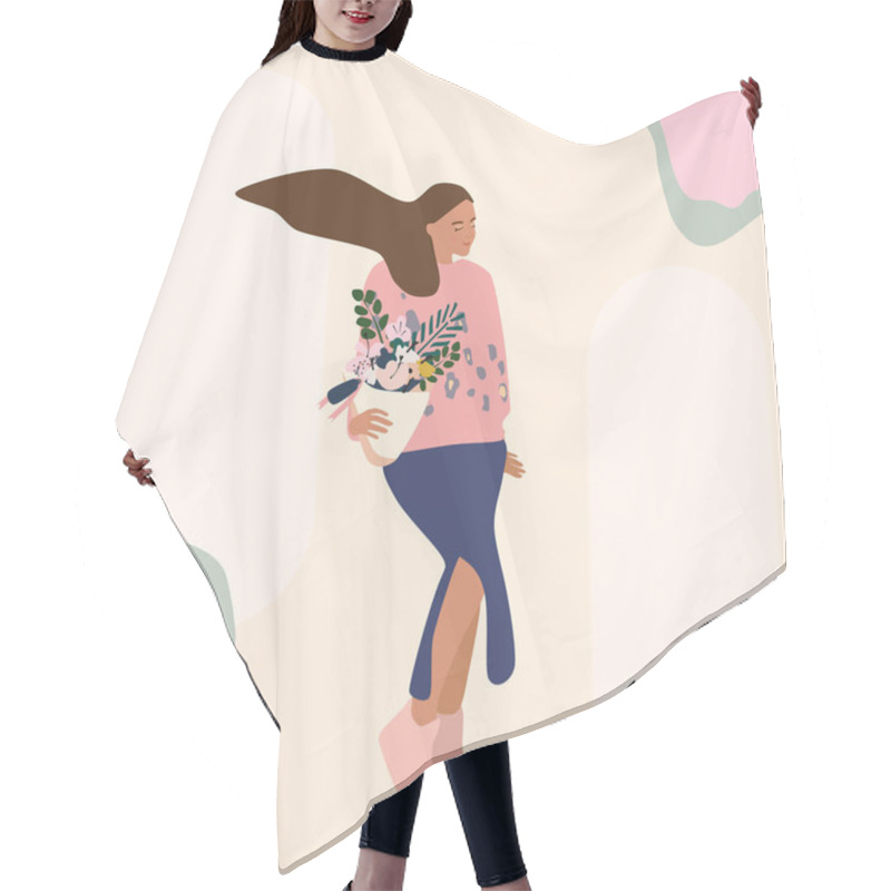 Personality  A Girl In A Skirt With A Slit Carries A Bouquet Of Flowers. Gift Concept, International Women's Day. Flower Shop Template.Hand Drawn Vector Illustration Leopard Print Sweater,fluttering Hair,abstract. Hair Cutting Cape