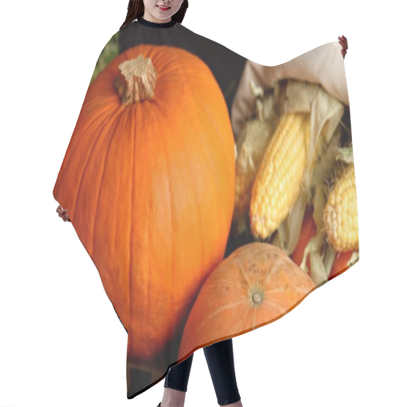 Personality  Pumpkin, Corn, Carrots Evoke Warm Autumn Harvest. Greenery Enhances Cozy Seasonal Vibe, Rustic Charm Perfect For Festive Gatherings, Indoor Fall Decor, Natural Harvest Display. Hair Cutting Cape