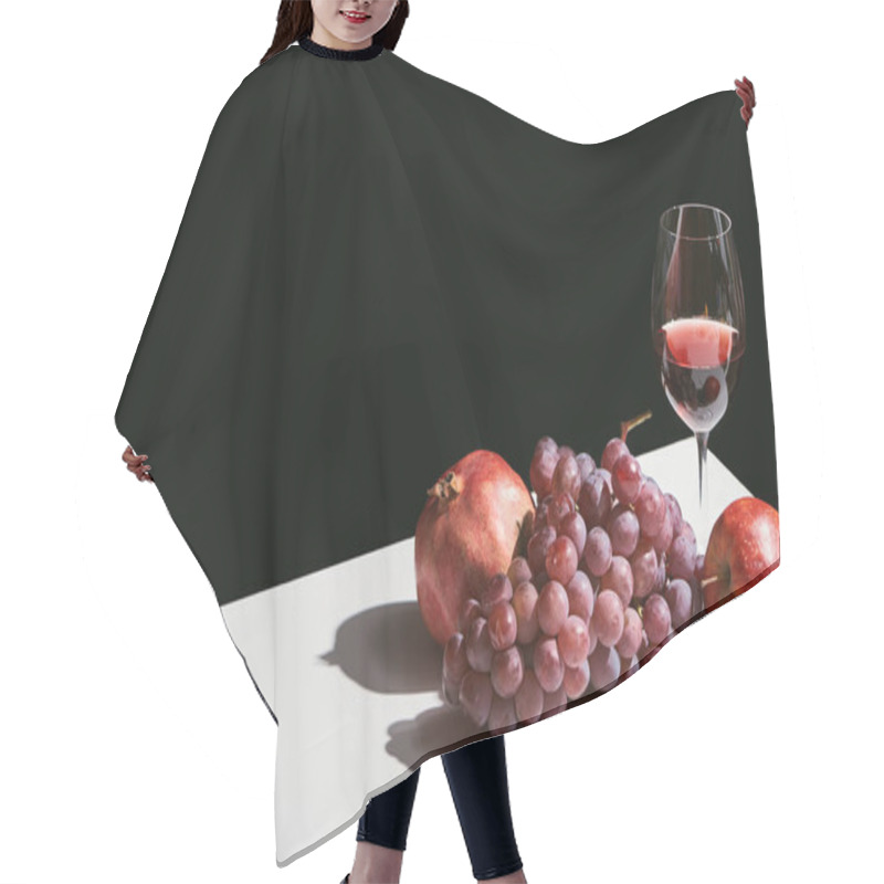 Personality  Classic Still Life With Fruits And Red Wine On White Table Isolated On Black Hair Cutting Cape