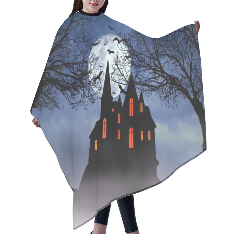 Personality  Halloween Full Moon Night Background With Haunted House, Scary Dead Trees, And Bats. Hair Cutting Cape