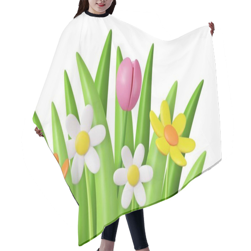 Personality  3d Realistic Daisies,tulip, Grass And Leaves. Happy Mother S Day, Valentine Day Concept. Spring Decoration. 3d Rendering. Vector Illustration Hair Cutting Cape