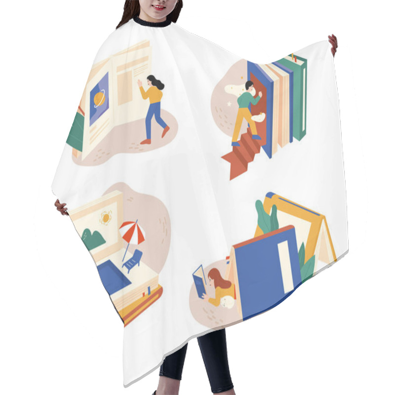 Personality  People Reading A Huge Book Open. There Are Many Different Worlds In The Book. Flat Design Style Minimal Vector Illustration. Hair Cutting Cape