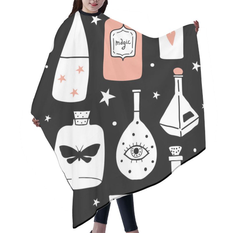 Personality  Seamless Pattern With Magic Cartoon Bottles, Love Potions And St Hair Cutting Cape