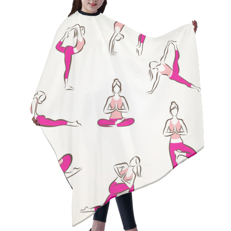 Personality  Set Of Yoga And Pilates Poses Symbols, Stylized Vector Symbols,  Hair Cutting Cape