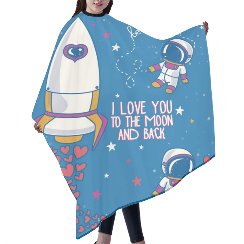 Personality  Cute Doodle Spaceship And Astronauts For Valentine's Day, Cosmic Vector Illustration Hair Cutting Cape