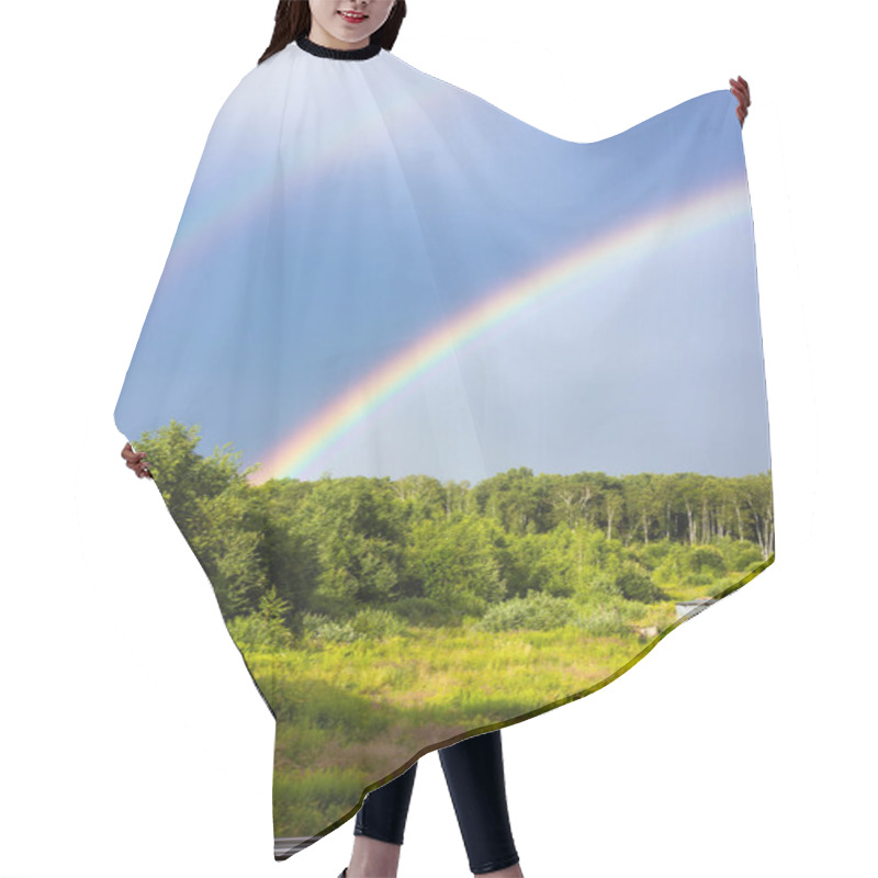 Personality  Rainbow Over The Summer Mixed Forest, Cloudy Sky And Clear Rainbow Colors, Forest Road. Natural Landscape. Rainbow Colors After Rain. Rain Clouds. Hair Cutting Cape