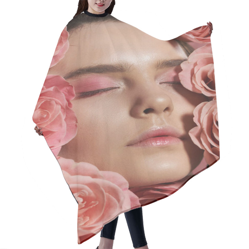 Personality  Close-up Of A Woman With Her Eyes Closed Surrounded By Pink Roses. Hair Cutting Cape