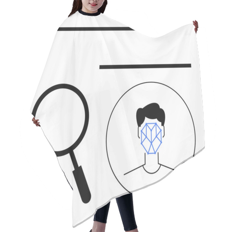 Personality  Magnifying Glass Beside Head With Facial Recognition Grid. Ideal For Security, Authentication, AI, Biometrics, Digital Privacy, Surveillance, Abstract Line Flat Metaphor Hair Cutting Cape