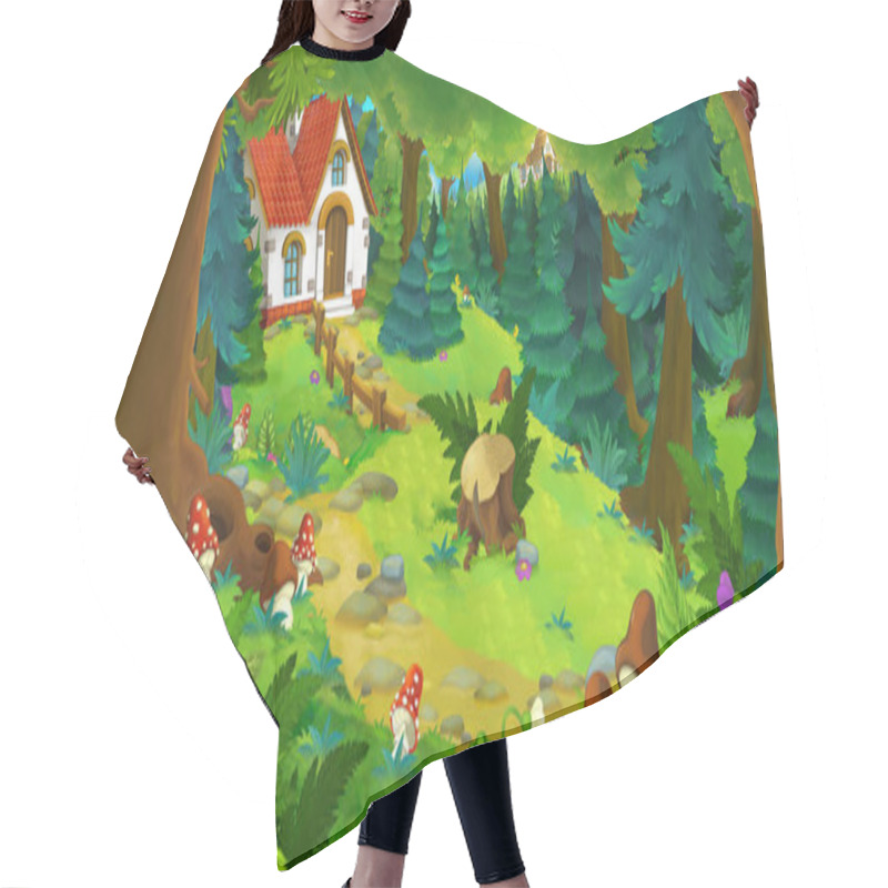 Personality  Cartoon Scene With Beautiful Rural Brick House In The Forest On The Meadow - Illustration For Children Hair Cutting Cape