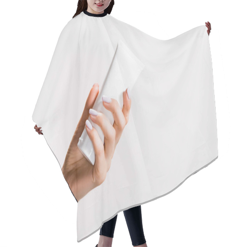 Personality  Cropped View Of Woman Holding Tube Of Hand Cream Isolated On Grey Hair Cutting Cape