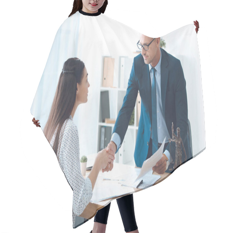 Personality  Professional Lawyer And Young Female Client Shaking Hands In Office Hair Cutting Cape