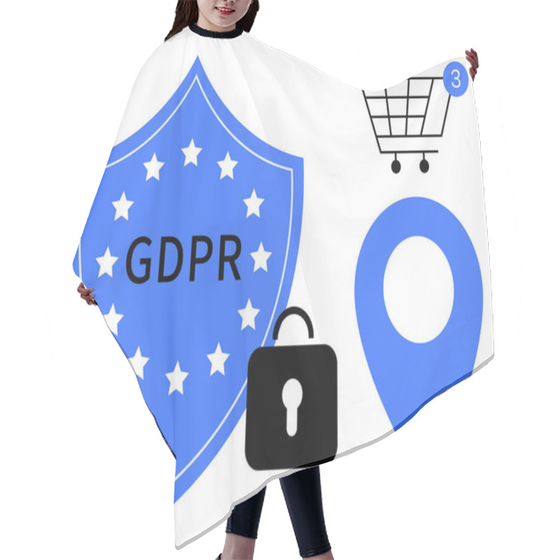 Personality  GDPR Shield With Stars, A Black Security Lock, A Shopping Cart With A Notification, And A Blue Location Pin. Ideal For Data Security, Privacy Policies, E-commerce, Location Services, Online Shopping Hair Cutting Cape