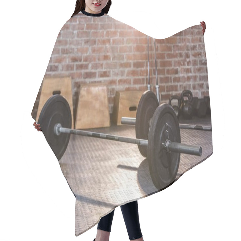 Personality  Fitness Concept With Dumbbells Hair Cutting Cape