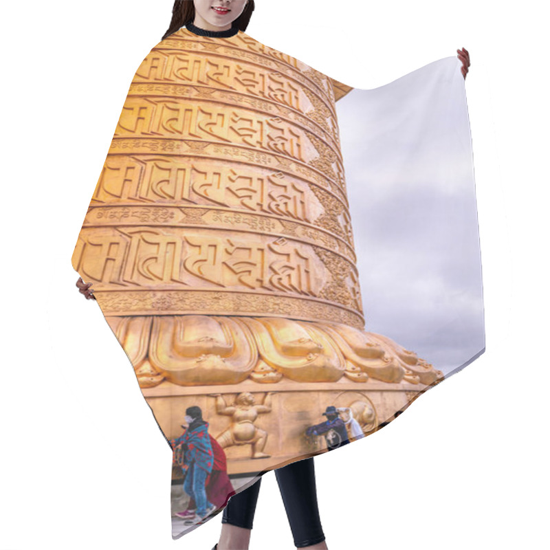 Personality  The Big Golden Rolling Prayer Drum In The Tibetan Buddhist Monastery Hair Cutting Cape