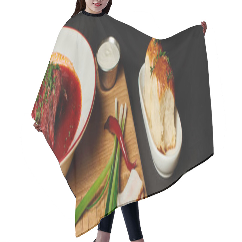 Personality  Tasty Ukrainian Borsch Near Garlic Buns, Pork Lard And Green Onions On Cutting Board, Banner Hair Cutting Cape